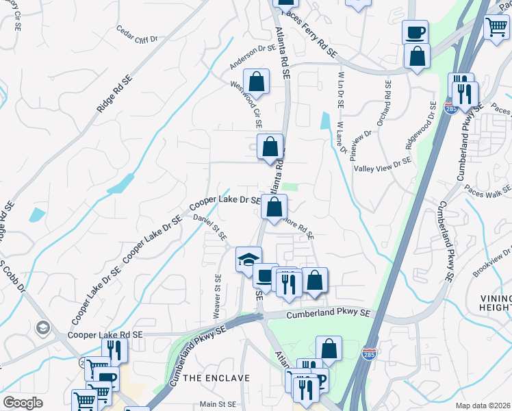 map of restaurants, bars, coffee shops, grocery stores, and more near 2085 Cooper Lake Drive Southeast in Smyrna