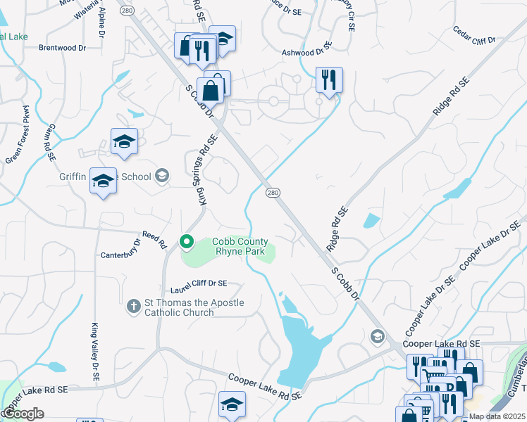 map of restaurants, bars, coffee shops, grocery stores, and more near 4000 South Cobb Drive Southeast in Smyrna
