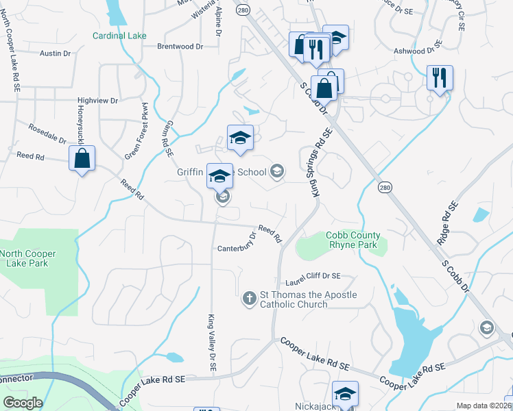 map of restaurants, bars, coffee shops, grocery stores, and more near 1825 Hidden Springs Walk in Smyrna