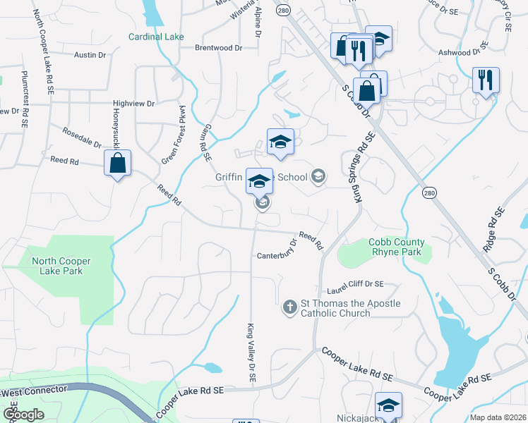 map of restaurants, bars, coffee shops, grocery stores, and more near 1041 Reed Road in Smyrna