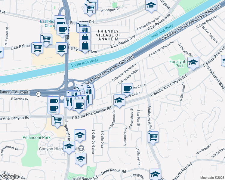 map of restaurants, bars, coffee shops, grocery stores, and more near 270 North Rose Blossom Lane in Anaheim