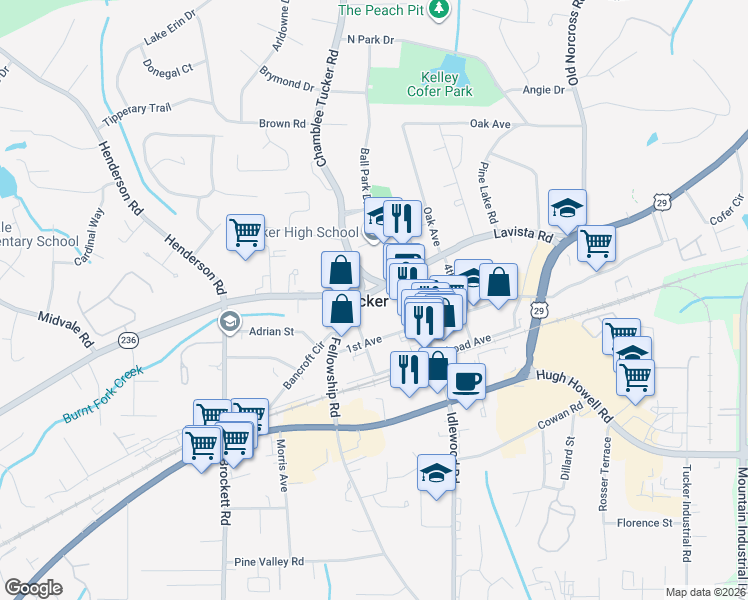 map of restaurants, bars, coffee shops, grocery stores, and more near 5007 Lavista Road in Tucker