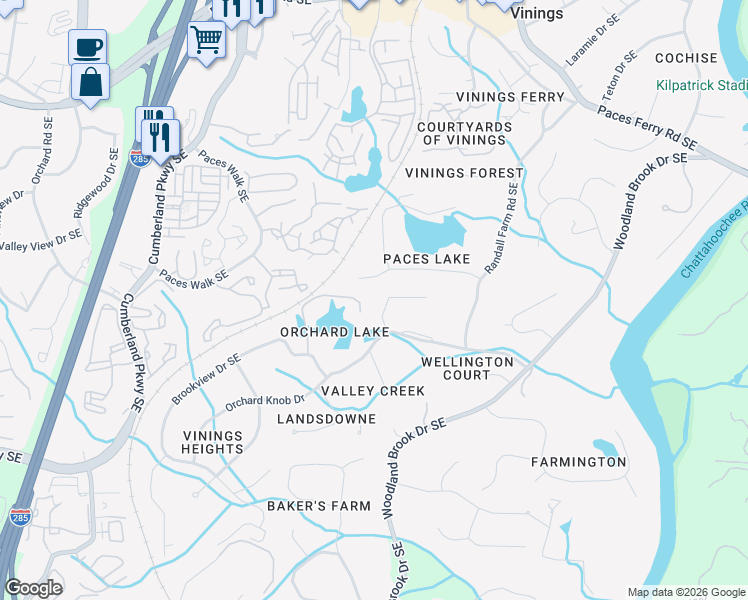 map of restaurants, bars, coffee shops, grocery stores, and more near 2850 Paces Lake Drive Southeast in Atlanta