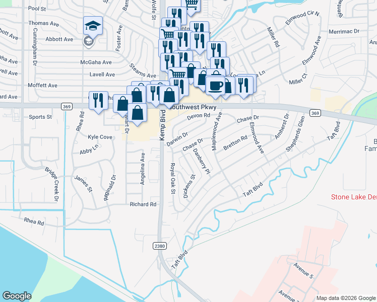 map of restaurants, bars, coffee shops, grocery stores, and more near 2709 Chase Drive in Wichita Falls