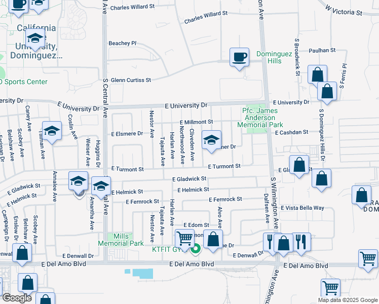 map of restaurants, bars, coffee shops, grocery stores, and more near 19407 Cliveden Avenue in Carson