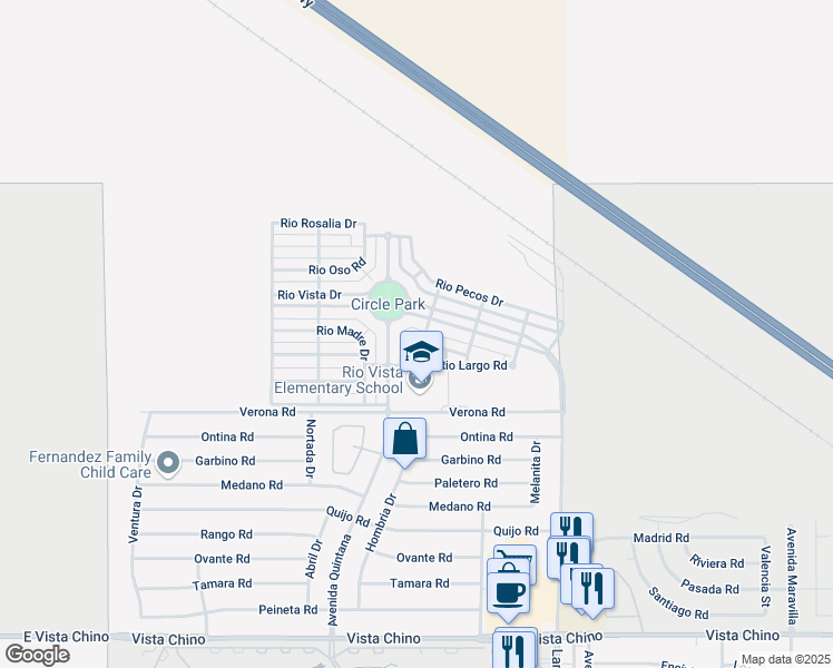 map of restaurants, bars, coffee shops, grocery stores, and more near 67684 Rio Arapaho Road in Cathedral City