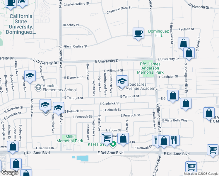 map of restaurants, bars, coffee shops, grocery stores, and more near 19407 Cliveden Avenue in Carson