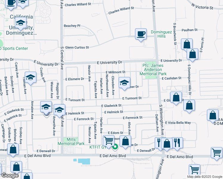 map of restaurants, bars, coffee shops, grocery stores, and more near 19407 Cliveden Avenue in Carson