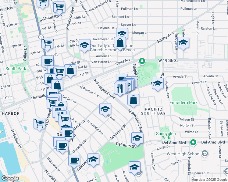 map of restaurants, bars, coffee shops, grocery stores, and more near 1207 Beryl Street in Redondo Beach