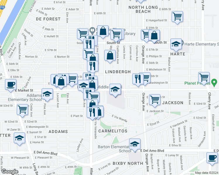 map of restaurants, bars, coffee shops, grocery stores, and more near 5411 Myrtle Avenue in Long Beach