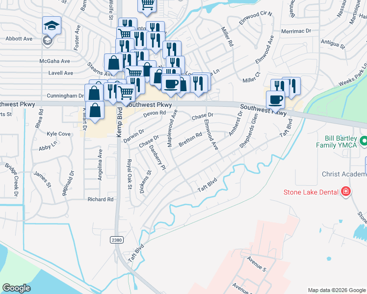 map of restaurants, bars, coffee shops, grocery stores, and more near 2626 Bretton Road in Wichita Falls