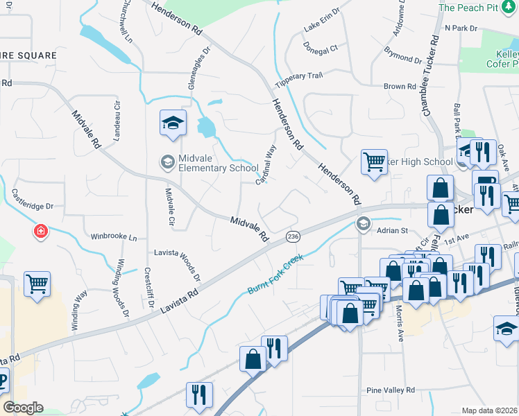 map of restaurants, bars, coffee shops, grocery stores, and more near 4704 Lavista Road in Tucker