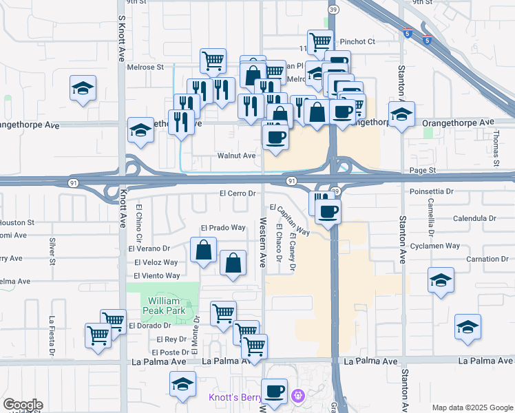 map of restaurants, bars, coffee shops, grocery stores, and more near 7451 Western Avenue in Buena Park