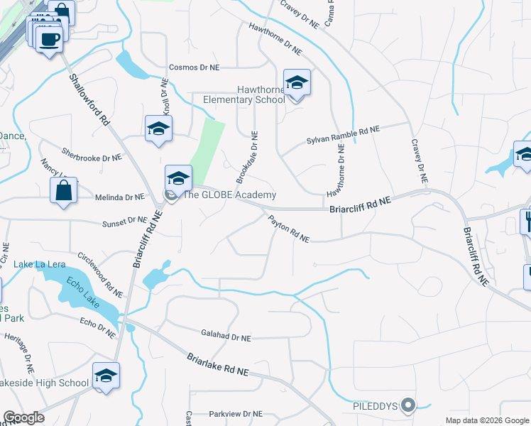 map of restaurants, bars, coffee shops, grocery stores, and more near Payton Rd NE & Glenbriar Dr NE in Atlanta