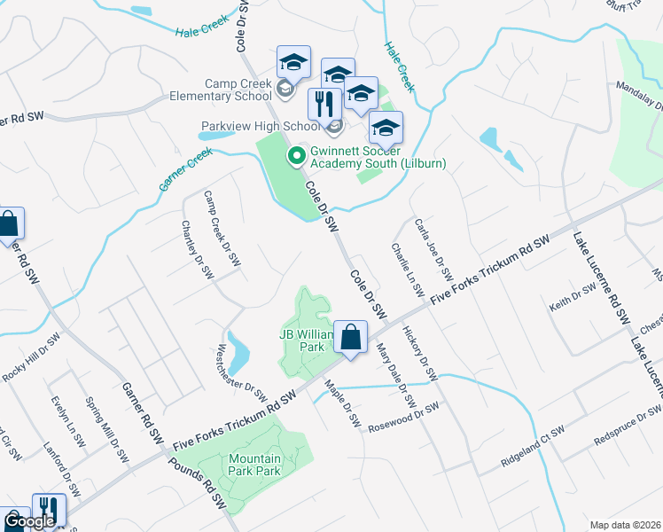 map of restaurants, bars, coffee shops, grocery stores, and more near 1081 Cole Drive Southwest in Lilburn
