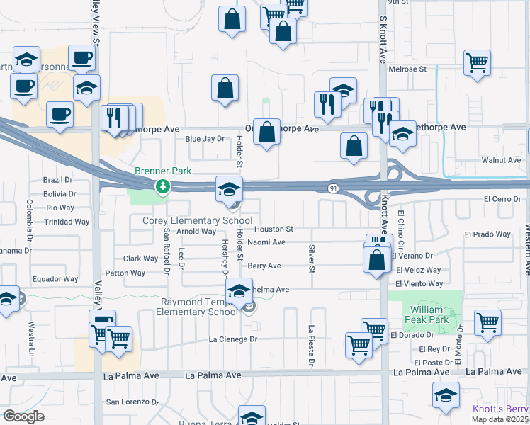 map of restaurants, bars, coffee shops, grocery stores, and more near 6573 Mohican Drive in Buena Park