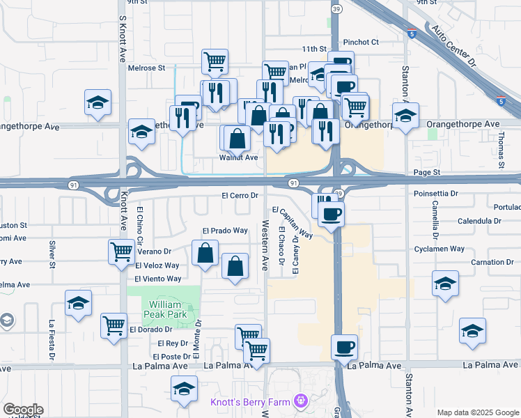 map of restaurants, bars, coffee shops, grocery stores, and more near 7451 Western Avenue in Buena Park