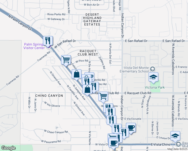 map of restaurants, bars, coffee shops, grocery stores, and more near 397 West Dominguez Road in Palm Springs