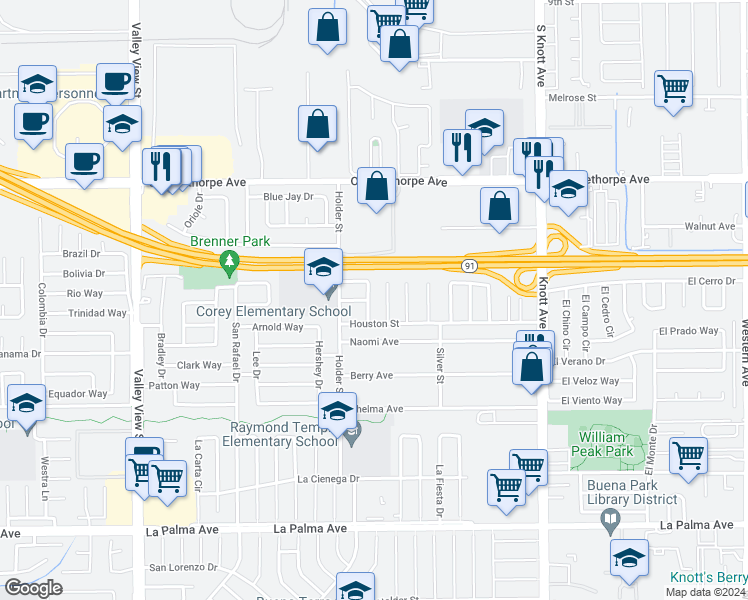 map of restaurants, bars, coffee shops, grocery stores, and more near 6573 Mohican Drive in Buena Park