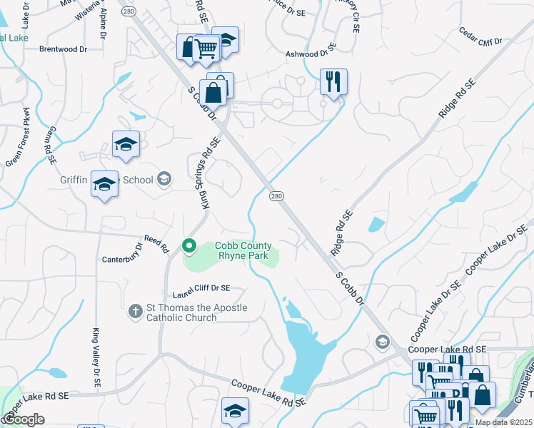 map of restaurants, bars, coffee shops, grocery stores, and more near 4000 South Cobb Drive Southeast in Smyrna