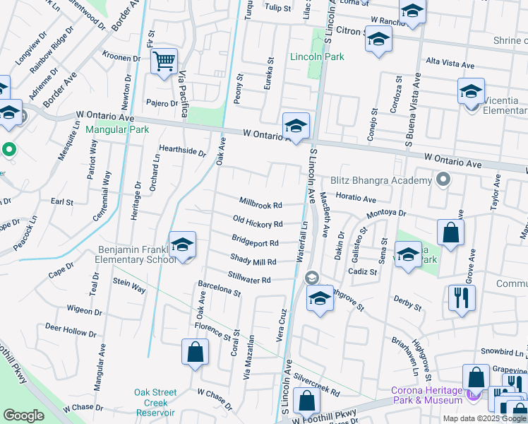 map of restaurants, bars, coffee shops, grocery stores, and more near 1201 Millbrook Road in Corona