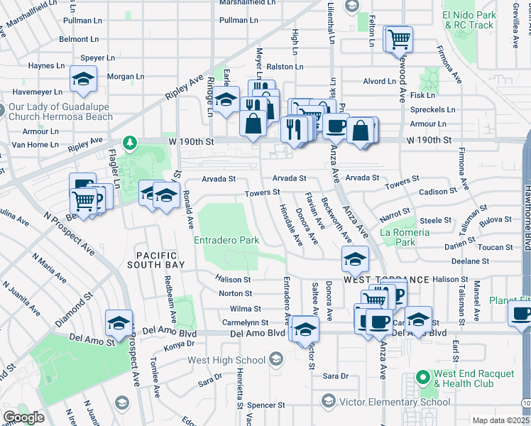 map of restaurants, bars, coffee shops, grocery stores, and more near 19317 Entradero Avenue in Torrance
