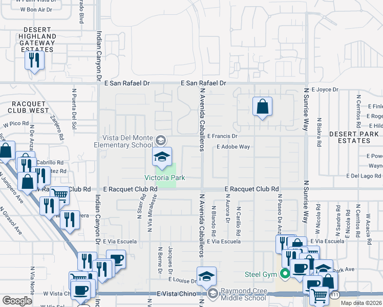 map of restaurants, bars, coffee shops, grocery stores, and more near 888 East Janet Circle in Palm Springs
