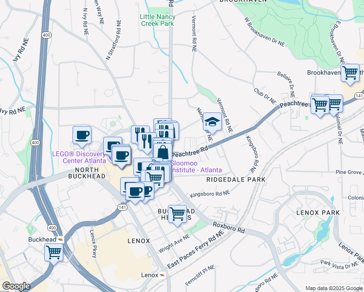 map of restaurants, bars, coffee shops, grocery stores, and more near 3648 Peachtree Road Northeast in Atlanta
