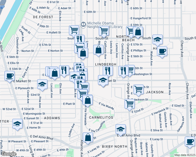 map of restaurants, bars, coffee shops, grocery stores, and more near 5411 Myrtle Avenue in Long Beach