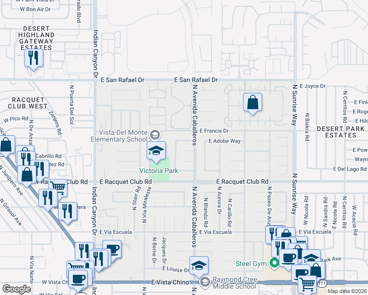 map of restaurants, bars, coffee shops, grocery stores, and more near 888 East Janet Circle in Palm Springs