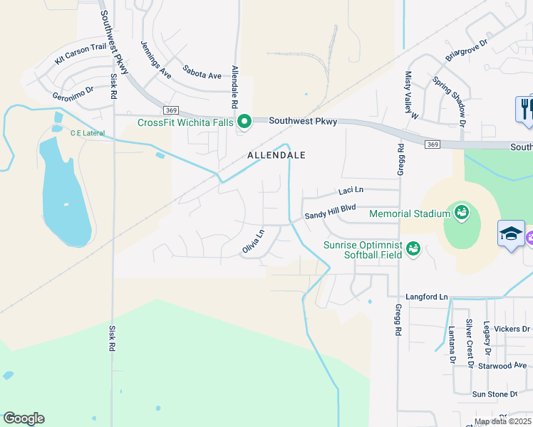 map of restaurants, bars, coffee shops, grocery stores, and more near 4824 Olivia Lane in Wichita Falls