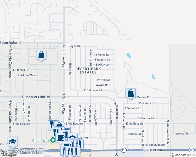 map of restaurants, bars, coffee shops, grocery stores, and more near 2210 East Powell Road in Palm Springs