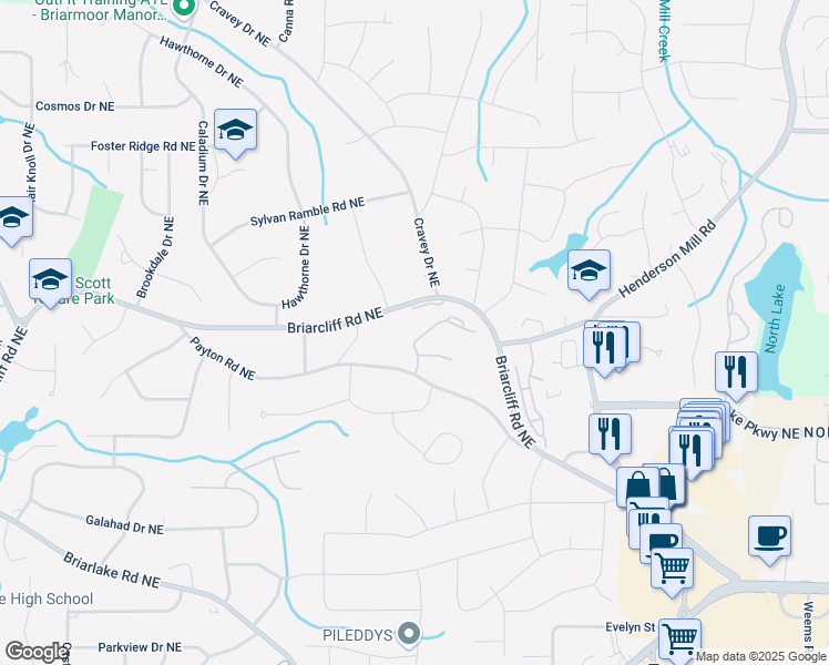 map of restaurants, bars, coffee shops, grocery stores, and more near 2865 Payton Oaks Drive in Atlanta