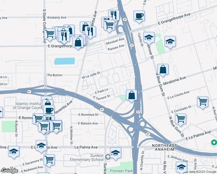 map of restaurants, bars, coffee shops, grocery stores, and more near 2553 East Park Lane in Anaheim