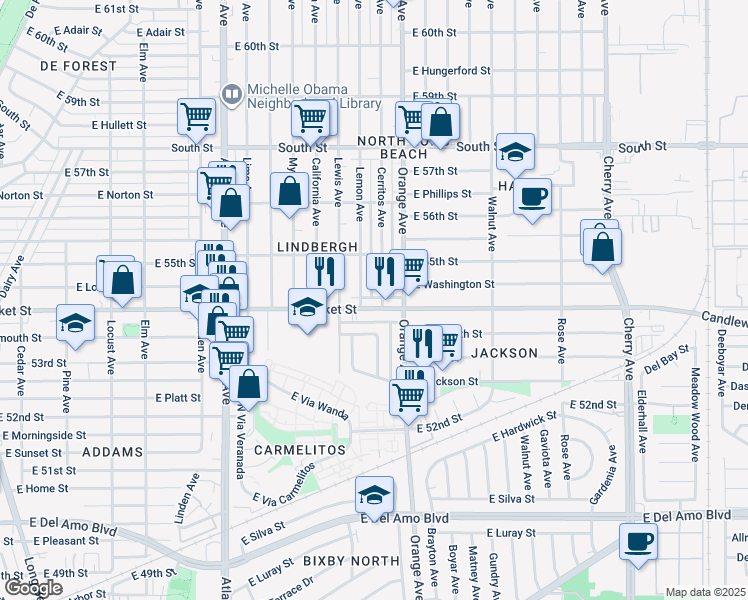 map of restaurants, bars, coffee shops, grocery stores, and more near 5434 Lemon Avenue in Long Beach
