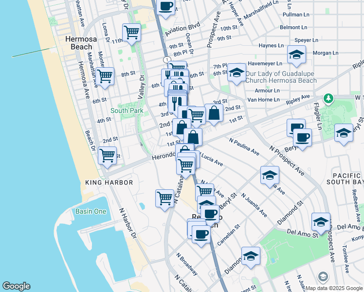 map of restaurants, bars, coffee shops, grocery stores, and more near 7 Pacific Coast Highway in Hermosa Beach