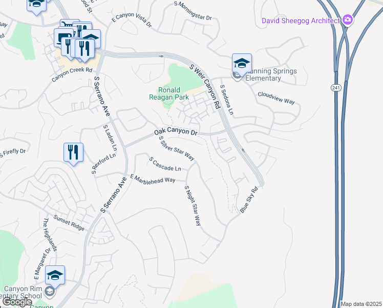 map of restaurants, bars, coffee shops, grocery stores, and more near 1012 South Silver Star Way in Anaheim
