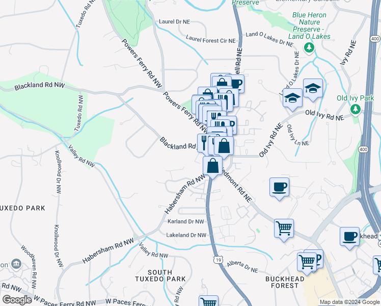 map of restaurants, bars, coffee shops, grocery stores, and more near 18 Blackland Road Northwest in Atlanta