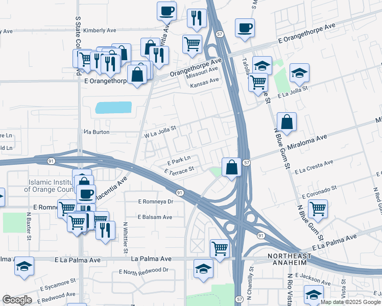 map of restaurants, bars, coffee shops, grocery stores, and more near 2553 East Park Lane in Anaheim