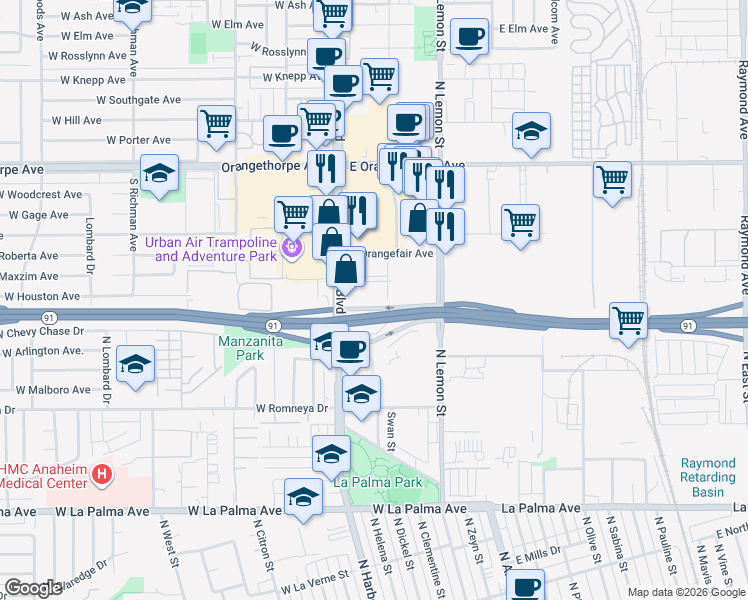 map of restaurants, bars, coffee shops, grocery stores, and more near 1641 South Pomona Avenue in Fullerton
