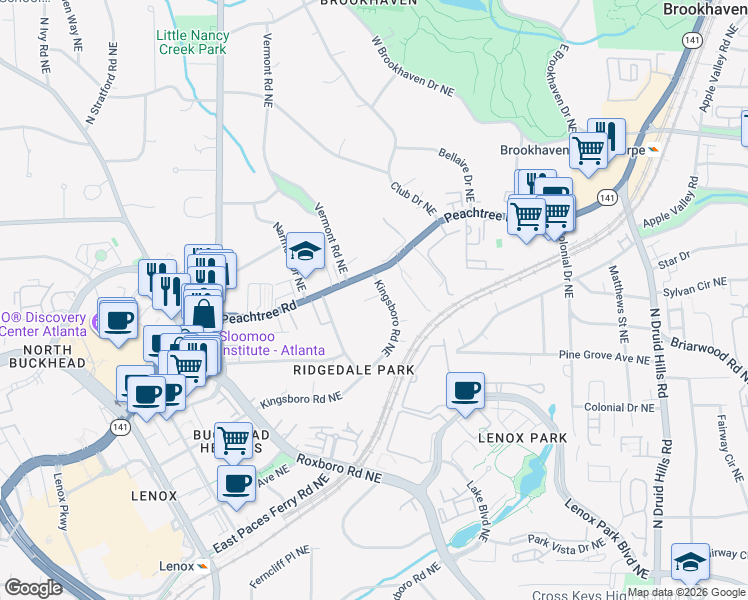 map of restaurants, bars, coffee shops, grocery stores, and more near 3674 Kingsboro Road Northeast in Atlanta