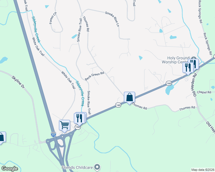 map of restaurants, bars, coffee shops, grocery stores, and more near 113 Sugar Maple Lane in Warrior
