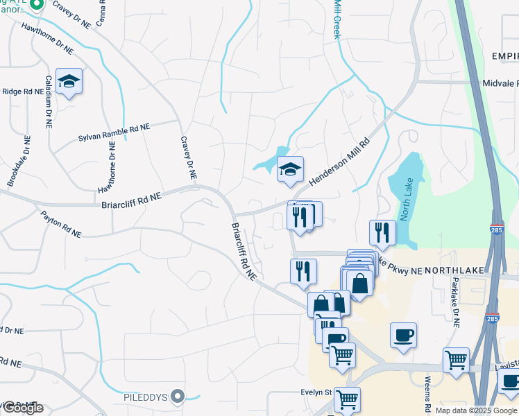 map of restaurants, bars, coffee shops, grocery stores, and more near 3145 Queens Walk in Atlanta