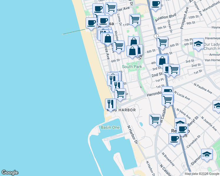 map of restaurants, bars, coffee shops, grocery stores, and more near 2 2nd Street in Hermosa Beach