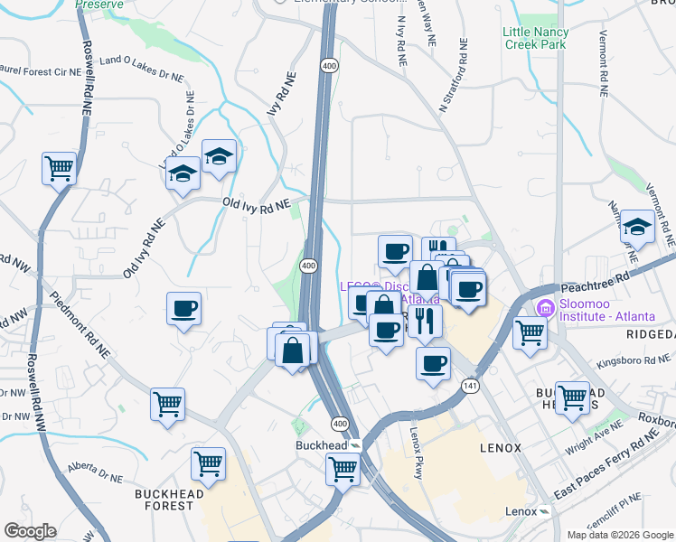 map of restaurants, bars, coffee shops, grocery stores, and more near 3684 North Stratford Road Northeast in Atlanta
