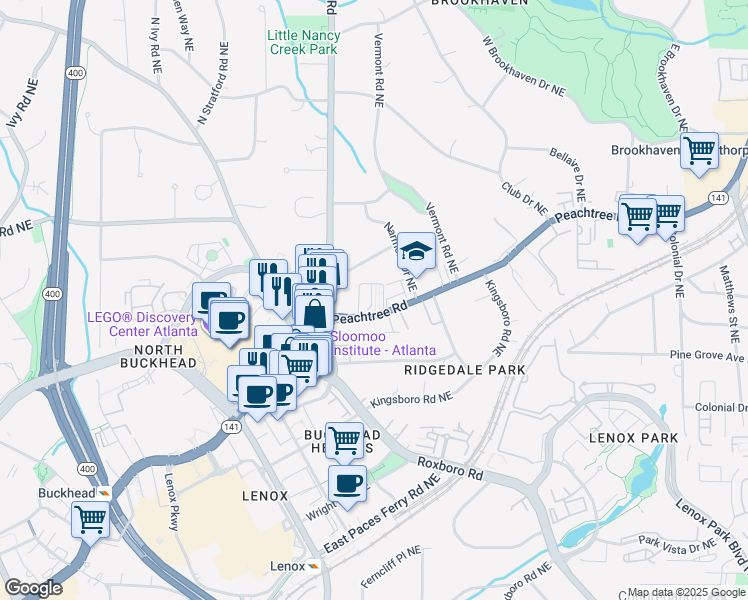 map of restaurants, bars, coffee shops, grocery stores, and more near 3669 Manor Brook Court North East in Atlanta
