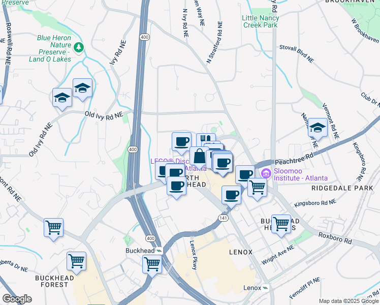 map of restaurants, bars, coffee shops, grocery stores, and more near 700 Park Regency Place Northeast in Atlanta