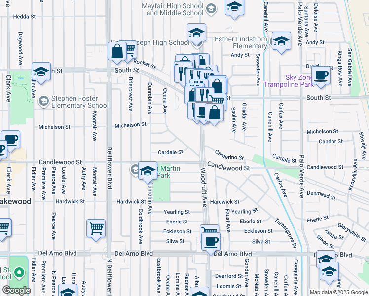 map of restaurants, bars, coffee shops, grocery stores, and more near 5355 Ocana Avenue in Lakewood