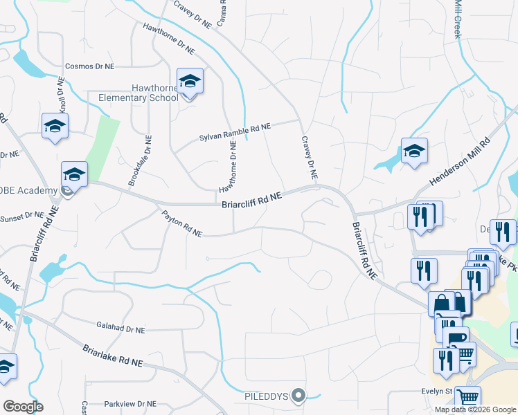 map of restaurants, bars, coffee shops, grocery stores, and more near 2376 Briarcrest Trail Northeast in Atlanta