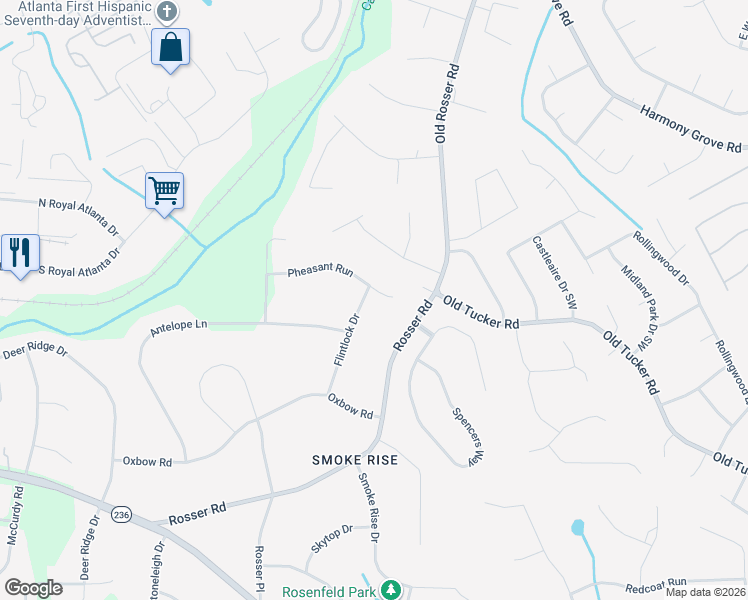 map of restaurants, bars, coffee shops, grocery stores, and more near 2393 Flintlock Drive in Stone Mountain